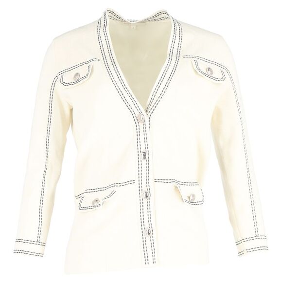 Maje Contrast-Stitching Buttoned Cardigan in Cream Cotton - Picture 1 of 6